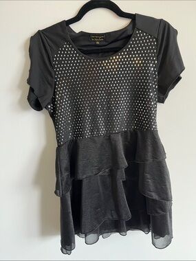 Champagne Black Short Sleeve Layered Ruffle Top with Metallic Studs